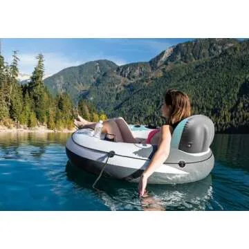 INTEX 56825EP River Run 1 Inflatable Floating Lounge: Comfortable Backrest – Built-in Cup Holders – Durable Grab Handles – All Around Grab Rope – 220lb Weight Capacity – Color May Vary