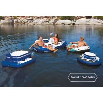 INTEX 56825EP River Run 1 Inflatable Floating Lounge: Comfortable Backrest – Built-in Cup Holders – Durable Grab Handles – All Around Grab Rope – 220lb Weight Capacity – Color May Vary