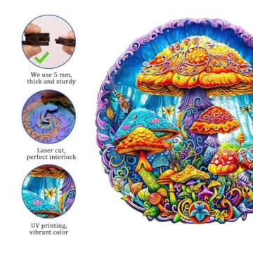 Jigfoxy Wooden Puzzles for Adults, Magical Mushrooms Wood Puzzles Adult, Unique Animal Shape Wooden Jigsaw Puzzles, Birthday Gifts for Puzzles Lovers Family Friend (L-13.3 * 13.3in-290pcs)