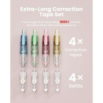 Four Candies 4PCS Refillable Retractable White Out Correction Tape, Colorful Mini Aesthetic Pen Shaped Quick Dry Easy to Use Cute White Out with 4 Extra Refills for Students School Office Supplies