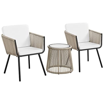 Topeakmart 3 Piece Patio Bistro Set, Outdoor All-Weather Conversation Bistro Set w/ 2 Wide Ergonomic Chairs, Cushions&Glass Top Table for Porch, Backyard, Balcony, Garden