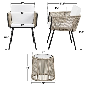 Topeakmart 3 Piece Patio Bistro Set, Outdoor All-Weather Conversation Bistro Set w/ 2 Wide Ergonomic Chairs, Cushions&Glass Top Table for Porch, Backyard, Balcony, Garden