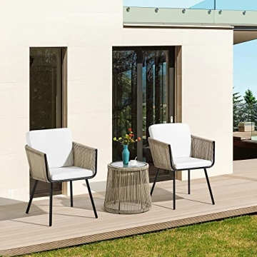Topeakmart 3 Piece Patio Bistro Set, Outdoor All-Weather Conversation Bistro Set w/ 2 Wide Ergonomic Chairs, Cushions&Glass Top Table for Porch, Backyard, Balcony, Garden