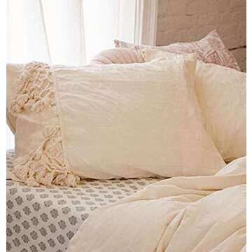 Flber Tufted Tassel Sham Set Lattice Cotton Pillow Covers,19.7in x35.5in,Set of 2