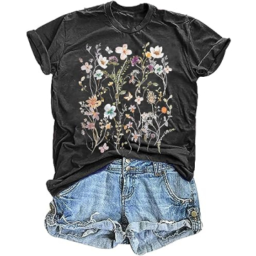 Women's Vintage Floral T Shirt Boho Wildflower Graphic Loose Tees Short Sleeve Casual Tops (A1-Dark ...