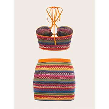 MakeMeChic Women's Boho Knitted 2 Piece Outfits Geo Print Tie Back Halter Crop Top and Bodycon Mini Skirt Set Multicolor XS