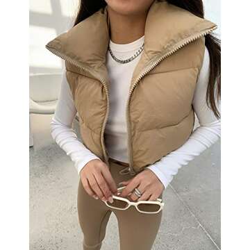 Fenclushy Women's Winter Warm Padded Crop Vest Lightweight Sleeveless Puffer Vest(Khaki,L)
