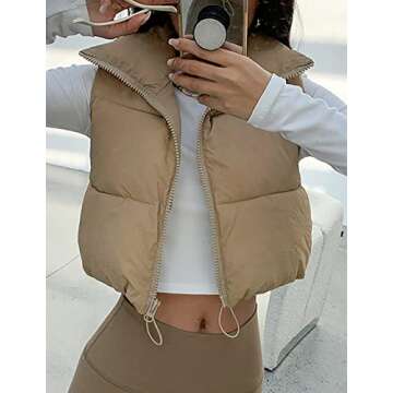 Fenclushy Women's Winter Warm Padded Crop Vest Lightweight Sleeveless Puffer Vest(Khaki,L)