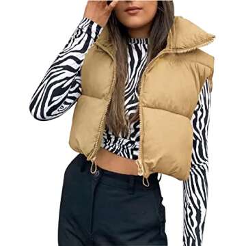 Fenclushy Women's Winter Warm Padded Crop Vest Lightweight Sleeveless Puffer Vest(Khaki,L)