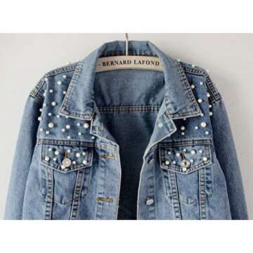Kedera Women Oversized Denim Jacket Embroidered Pearls Beading Jeans Coat