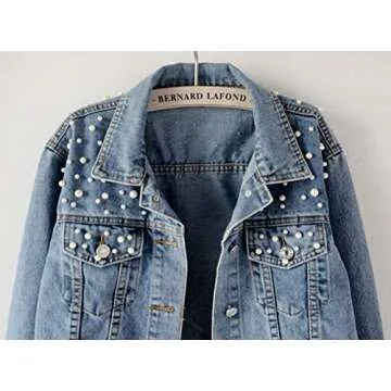 Kedera Women Oversized Denim Jacket Embroidered Pearls Beading Jeans Coat