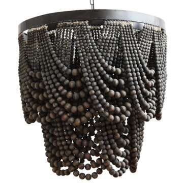 Creative Co-Op Black Metal Chandelier with Wood Beads