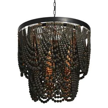 Creative Co-Op Black Metal Chandelier with Wood Beads