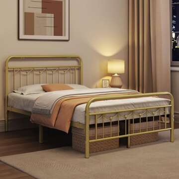 Topeakmart Full Metal Bed Frame with Vintage Headboard and Footboard, 13 Inch Heavy-Duty Metal Bed Frame with Storage,Sturdy Metal Slats, No Box Spring Needed, Antique Gold