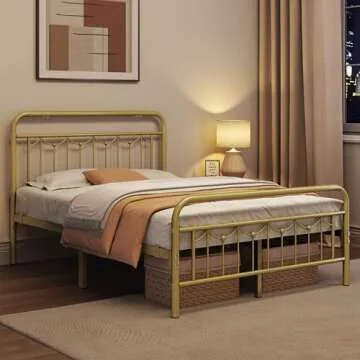 Topeakmart Full Metal Bed Frame with Vintage Headboard and Footboard, 13 Inch Heavy-Duty Metal Bed Frame with Storage,Sturdy Metal Slats, No Box Spring Needed, Antique Gold