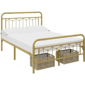Topeakmart Full Metal Bed Frame with Vintage Headboard and Footboard, 13 Inch Heavy-Duty Metal Bed Frame with Storage,Sturdy Metal Slats, No Box Spring Needed, Antique Gold