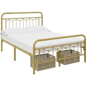 Topeakmart Full Metal Bed Frame with Vintage Headboard and Footboard, 13 Inch Heavy-Duty Metal Bed Frame with Storage,Sturdy Metal Slats, No Box Spring Needed, Antique Gold