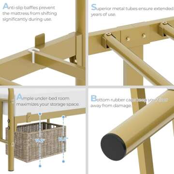 Topeakmart Full Metal Bed Frame with Vintage Headboard and Footboard, 13 Inch Heavy-Duty Metal Bed Frame with Storage,Sturdy Metal Slats, No Box Spring Needed, Antique Gold