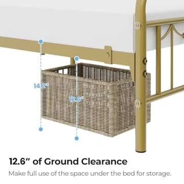 Topeakmart Full Metal Bed Frame with Vintage Headboard and Footboard, 13 Inch Heavy-Duty Metal Bed Frame with Storage,Sturdy Metal Slats, No Box Spring Needed, Antique Gold