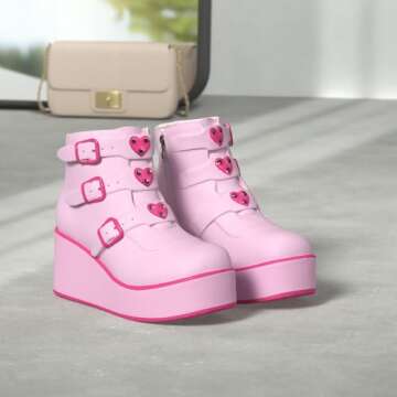 LUCKY STEP Women Platform Chunky Ankle Boots - Round Toe Zipper Wedges High Heels Rave Buckle Thick ...