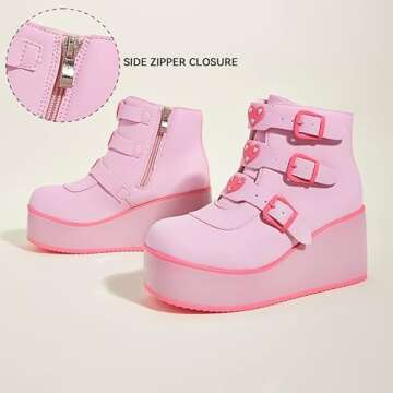 LUCKY STEP Women Platform Chunky Ankle Boots - Round Toe Zipper Wedges High Heels Rave Buckle Thick Sole Goth Booties (Pink/Fuchsia,7 B(M) US)