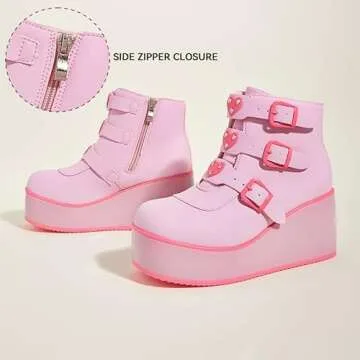 LUCKY STEP Women Platform Chunky Ankle Boots - Round Toe Zipper Wedges High Heels Rave Buckle Thick Sole Goth Booties (Pink/Fuchsia,7 B(M) US)