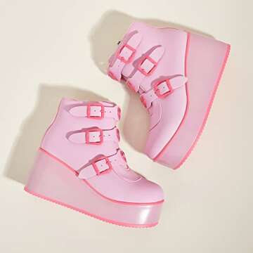 LUCKY STEP Women Platform Chunky Ankle Boots - Round Toe Zipper Wedges High Heels Rave Buckle Thick Sole Goth Booties (Pink/Fuchsia,7 B(M) US)