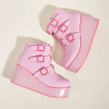 LUCKY STEP Women Platform Chunky Ankle Boots - Round Toe Zipper Wedges High Heels Rave Buckle Thick Sole Goth Booties (Pink/Fuchsia,7 B(M) US)