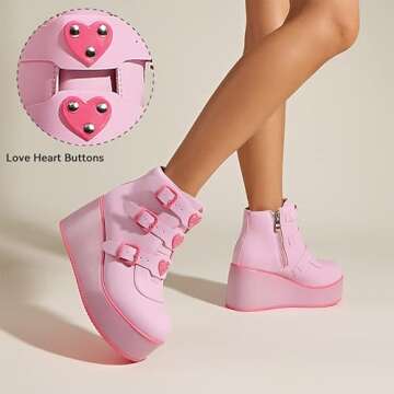 LUCKY STEP Women Platform Chunky Ankle Boots - Round Toe Zipper Wedges High Heels Rave Buckle Thick Sole Goth Booties (Pink/Fuchsia,7 B(M) US)