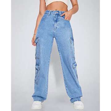 Women's High Waist Cargo Jeans Flap Pocket Baggy Cargo Pants Y2K Wide Leg Denim Jeans S Light Blue.