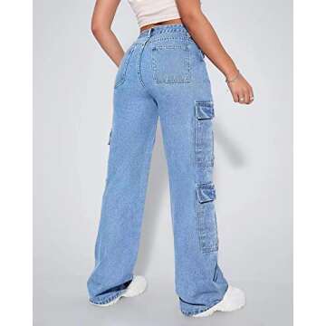 Women's High Waist Cargo Jeans Flap Pocket Baggy Cargo Pants Y2K Wide Leg Denim Jeans S Light Blue.