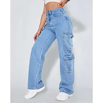 Women's High Waist Cargo Jeans Flap Pocket Baggy Cargo Pants Y2K Wide Leg Denim Jeans S Light Blue.