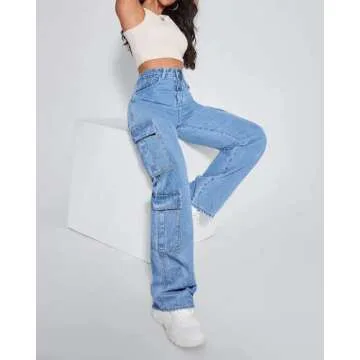 Women's High Waist Cargo Jeans Flap Pocket Baggy Cargo Pants Y2K Wide Leg Denim Jeans S Light Blue.