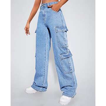 Women's High Waist Cargo Jeans Flap Pocket Baggy Cargo Pants Y2K Wide Leg Denim Jeans S Light Blue.