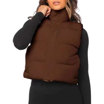 TQD Puffer Vest Women Cropped Puffer Vest Magnetic Button Sleeveless Zip Up Winter Vest For Women Cropped Puffer Jacket Coat Brown US M
