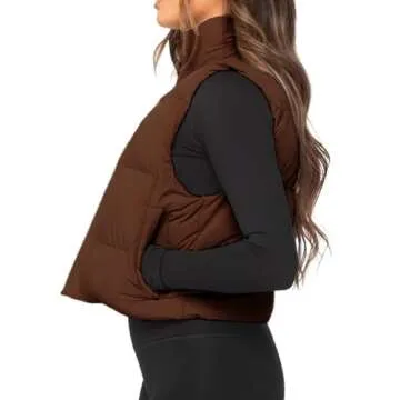 TQD Puffer Vest Women Cropped Puffer Vest Magnetic Button Sleeveless Zip Up Winter Vest For Women Cropped Puffer Jacket Coat Brown US M