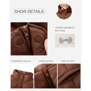 TQD Puffer Vest Women Cropped Puffer Vest Magnetic Button Sleeveless Zip Up Winter Vest For Women Cropped Puffer Jacket Coat Brown US M