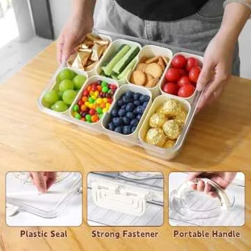 VTZNOJ 2PCS Divided Serving Tray with Lid,Snack Box Container,Charcuterie Container for Portable Snack Platter with 8 Compartments Snack Organizer for Fruit,Candy,Chips- Perfect for Picnic,Party.