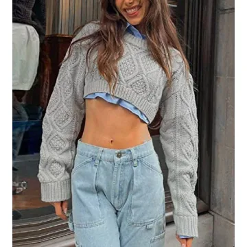 Y2K Knitted Crop Tops Women Color Block Patchwork Sweaters
