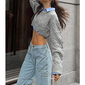 Y2K Knitted Crop Tops Women Color Block Patchwork Sweaters