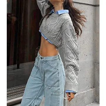 Y2K Knitted Crop Tops Women Color Block Patchwork Sweaters