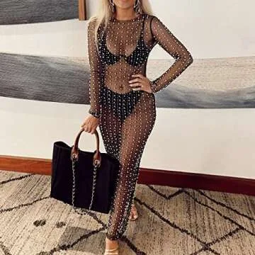 Honganda Sexy Women's Sheer Mesh Pearl Rhinestone Beach Cover Up Dress - Stunning Maxi Dress for Bac...