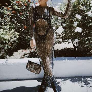 Elegant Sheer Mesh Pearl Rhinestone Cover-Up Dress