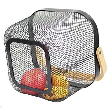 AJIODA Metal Mesh Steel Basket, Storage Organizer Basket Multi-functional Hanging Kitchen Baskets Fruit Basket Bin with Bamboo Handle for Kitchen Bathroom Picnic Shopping Decor Cabinet Home, Black