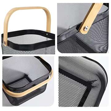 AJIODA Metal Mesh Steel Basket, Storage Organizer Basket Multi-functional Hanging Kitchen Baskets Fruit Basket Bin with Bamboo Handle for Kitchen Bathroom Picnic Shopping Decor Cabinet Home, Black
