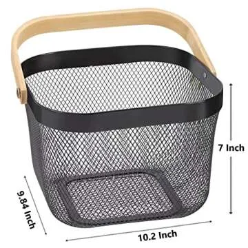 AJIODA Metal Mesh Steel Basket, Storage Organizer Basket Multi-functional Hanging Kitchen Baskets Fruit Basket Bin with Bamboo Handle for Kitchen Bathroom Picnic Shopping Decor Cabinet Home, Black