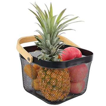 AJIODA Metal Mesh Steel Basket, Storage Organizer Basket Multi-functional Hanging Kitchen Baskets Fruit Basket Bin with Bamboo Handle for Kitchen Bathroom Picnic Shopping Decor Cabinet Home, Black