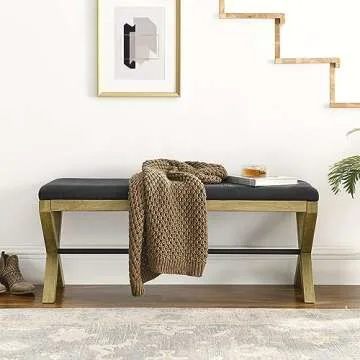 TEFUNE Cushioned Storage Ottomans, Bedroom Stool, Woven Bed Stool with Cross Wooden Legs, Suitable for Living Room and Bedroom (Black, 13.8 * 17.7 * 39.4)