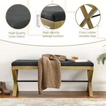 TEFUNE Cushioned Storage Ottomans, Bedroom Stool, Woven Bed Stool with Cross Wooden Legs, Suitable for Living Room and Bedroom (Black, 13.8 * 17.7 * 39.4)