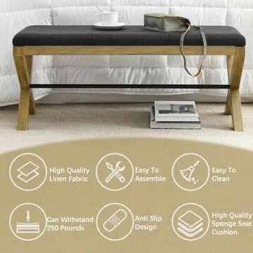 TEFUNE Cushioned Storage Ottomans, Bedroom Stool, Woven Bed Stool with Cross Wooden Legs, Suitable for Living Room and Bedroom (Black, 13.8 * 17.7 * 39.4)